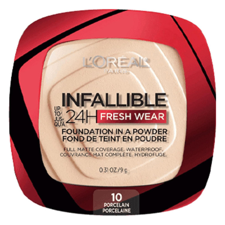 L'Oreal Paris Infallible Fresh Wear Powder Foundation Porcelain Matte Finish Up to 24H Wear, 0.31 Oz