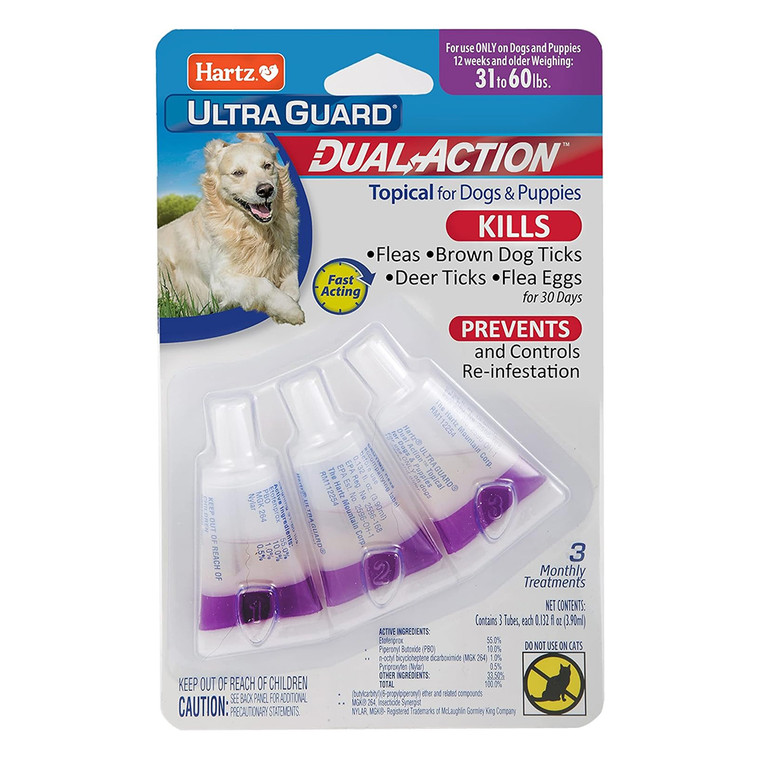 Hartz UltraGuard Dual Action Flea Treatment for Dogs 31-60 lbs, 3 Monthly Treatments, 1 Ea