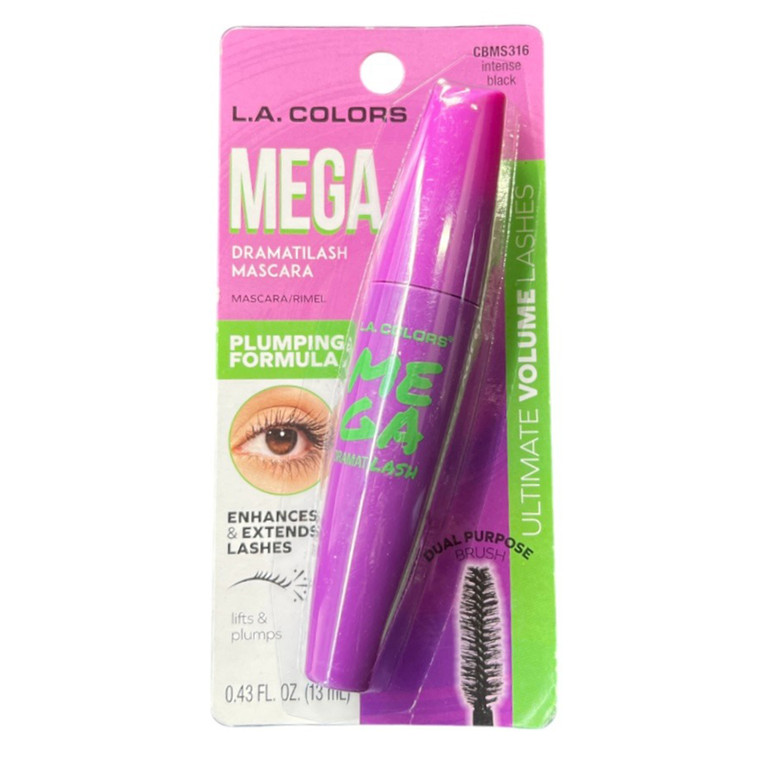 L.A. Colors Mascara Mega Dramatilash Plumping Intense Black for Full Volume, 0.43 Oz