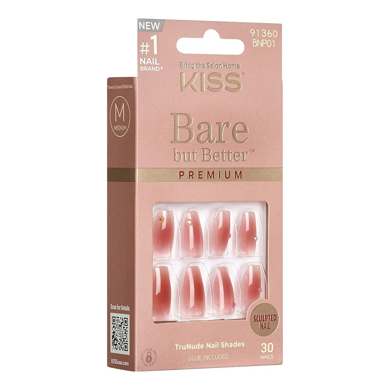 KISS Bare but Better Premium Fake Nails for Natural Look, Shine, 30 Ea