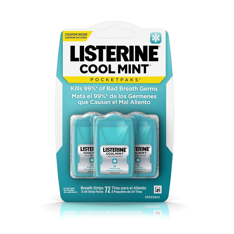 Listerines Cool Mint PocketPaks Breath Strips, 72 Strips, 3 Packs of 24