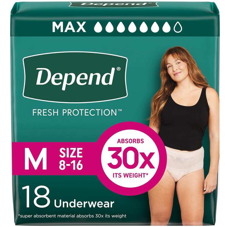 Depend FIT-FLEX Incontinence Underwear for Women, Disposable, Maximum Absorbency, M, Blush, 18 Count