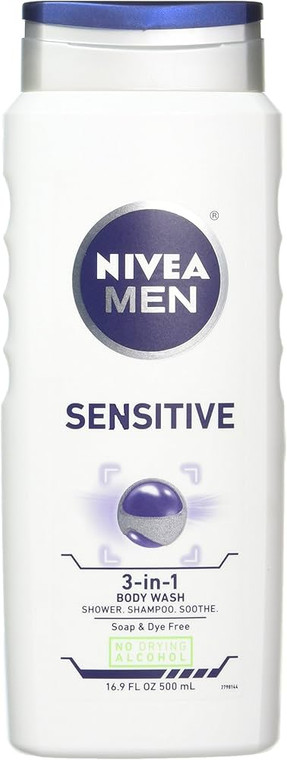 Nivea For Men Body Wash - Sensitive - 3 in 1 Shower 16.9 FL OZ (500 mL)