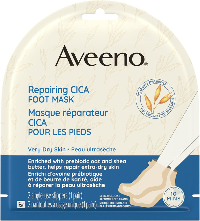 Aveeno Repairing CICA Foot Mask with Prebiotic Oat and Shea Butter, Moisturizing Foot Mask for Extra Dry Skin, 2 Single-Use Slippers 1 ea