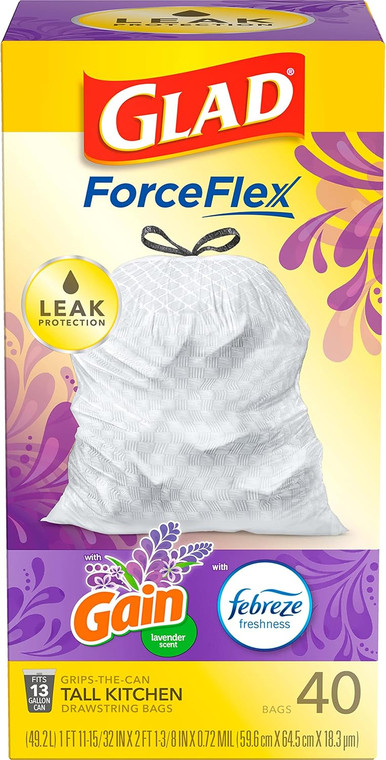 Glad ForceFlex Trash Bags, 13 Gallon, Lavender, 40 Count