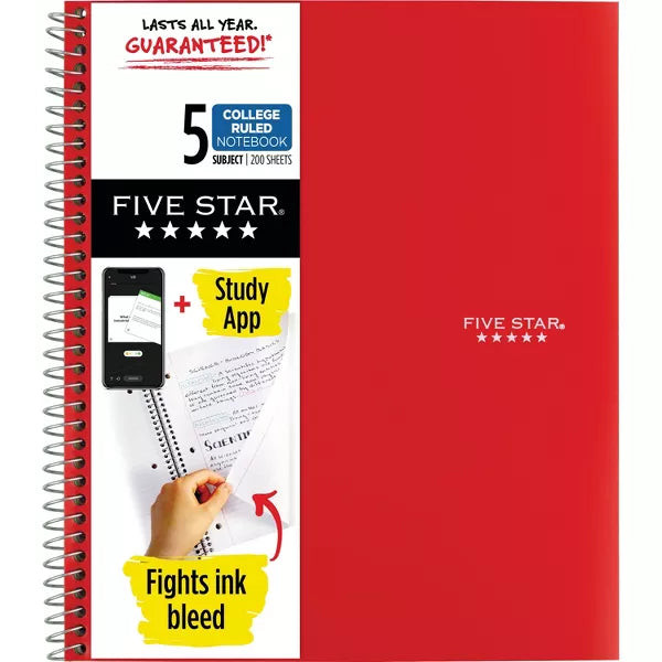 Five Star 5 Subject College Ruled Spiral Notebook Assorted Colors