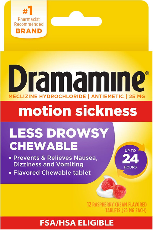 Dramamine Motion Sickness Chewable Raspberry, 12count