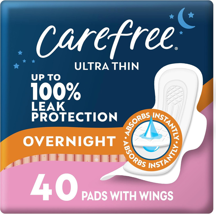 Carefree Ultra Thin Pads Overnight with Wings, 40count
