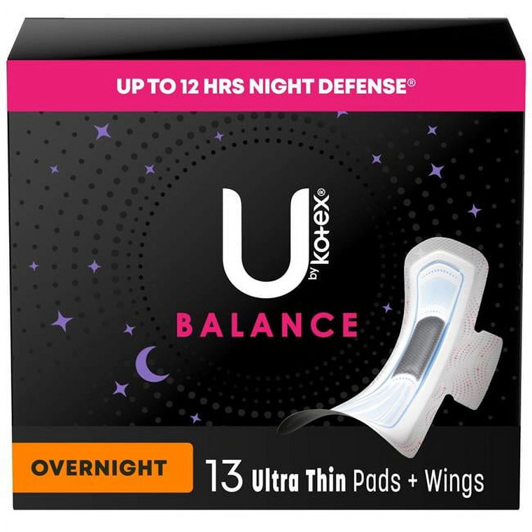 Kotex Balance Ultra Thin Overnight Pads + Wings, 13count