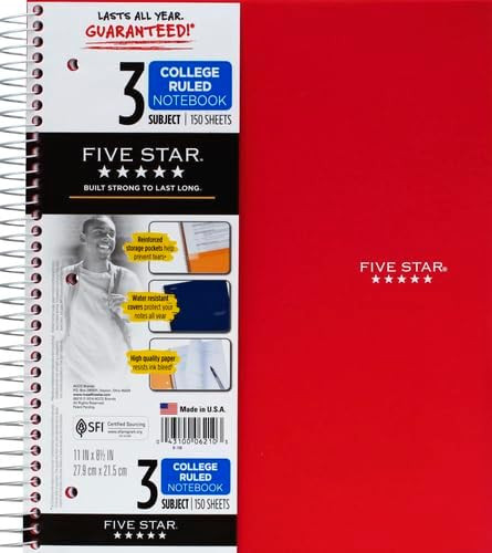 Mead Five Star 3-Subject Notebook, 150 Sheets