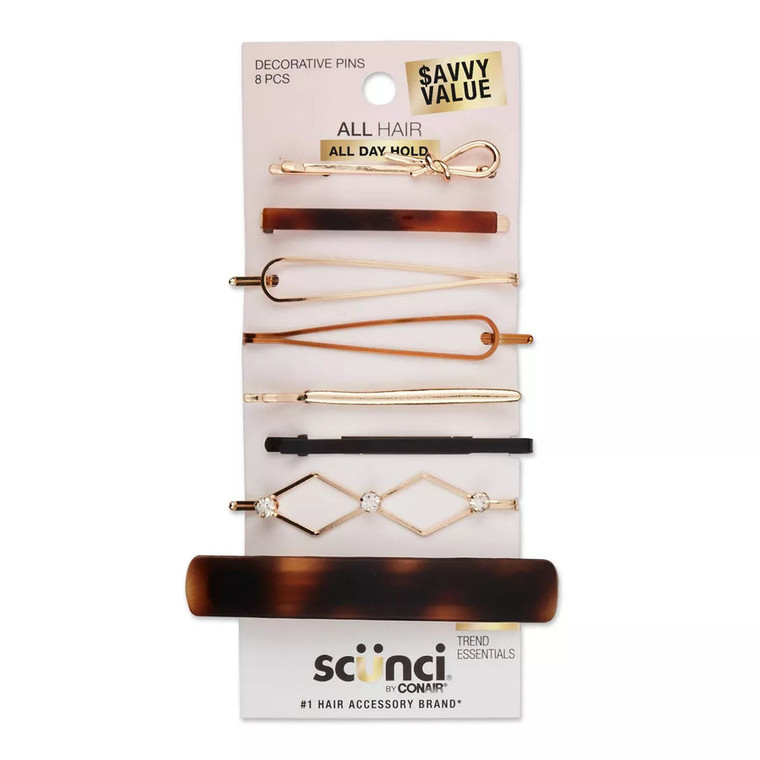 Scunci Mixed Fashion Pins & Barrettes, Assorted, 8count