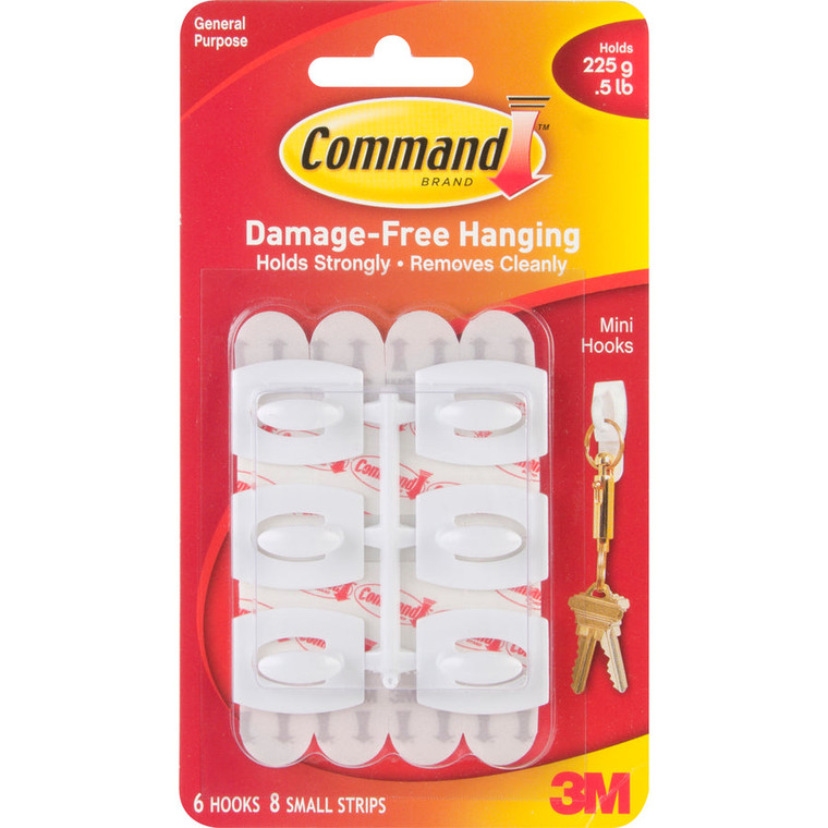 Command Mini Wall Hooks White, 6 Hooks + 8 Strips