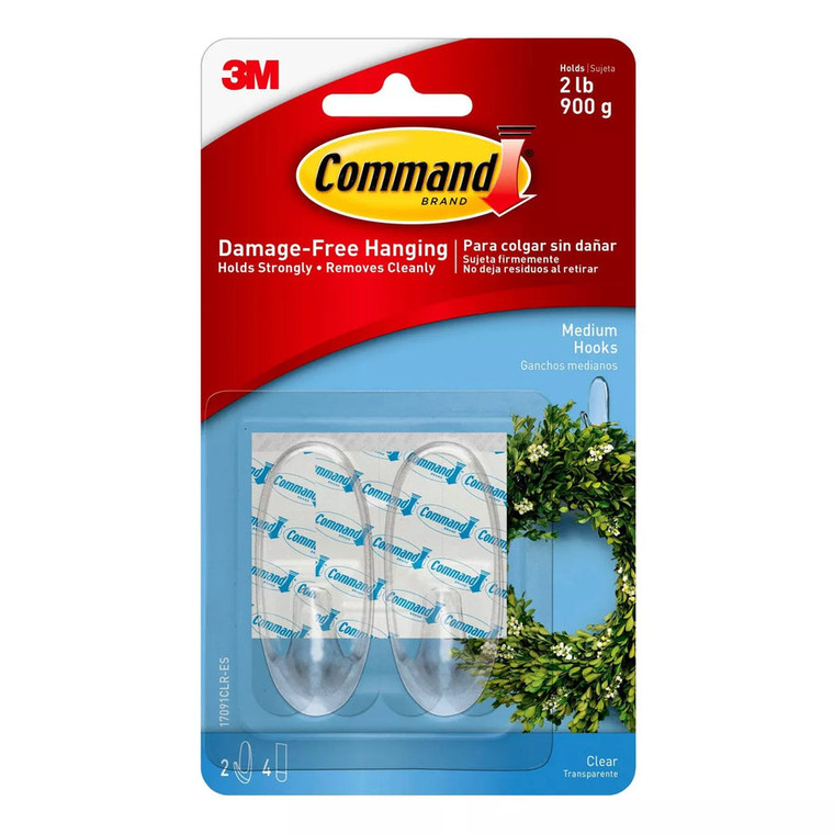 Command Medium Decorative Wall Hooks Clear, 2 Hooks + 4 Strips