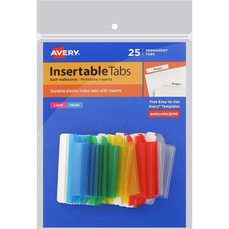 Avery Insertable Self Adhesive Index Tabs with Printable Inserts Assorted, 25 count