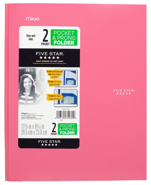 Five Star Stay-Put Plastic and Prong Folder, Assorted Colors