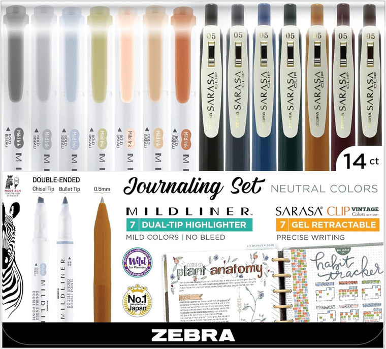 Zebra Sarasa Clip Vintage Gel Pens & Mildliner Highlighters, Neutral Colors, 14 Count