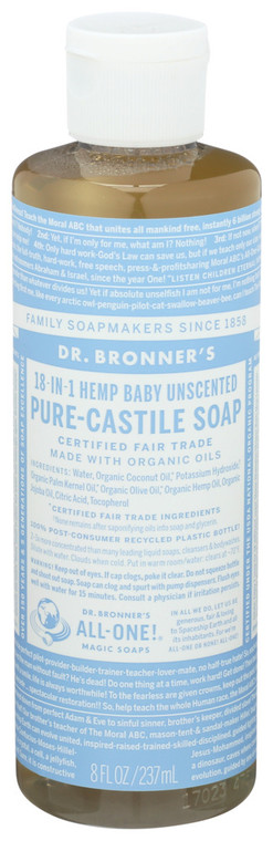 Dr. Bronner's, Organic 18 In 1 Pure Castile Hemp Baby Unscented Soap, 1 Each, 8 Oz