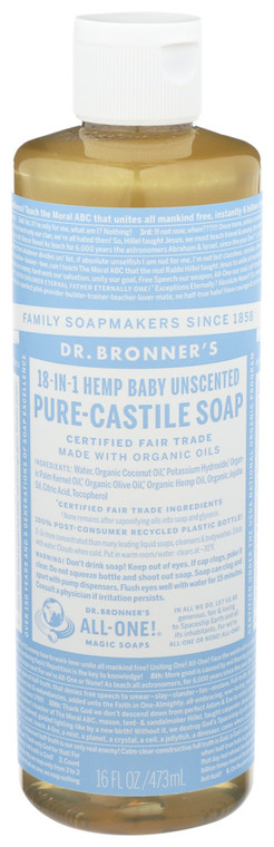 Dr. Bronner's, 18 In 1 Unscented Hemp Baby Pure Castile Soap Organic, 1 Each, 16 Oz