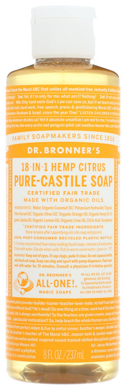 Dr. Bronner's, 18 In 1 Pure Castile Liquid Soap Hemp Citrus, 1 Each, 8 Fl Oz