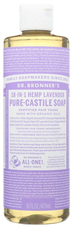 Dr. Bronner's, 18-in-1 Pure Castile Hemp Lavender Soap, 1 Each, 16 Fl Oz