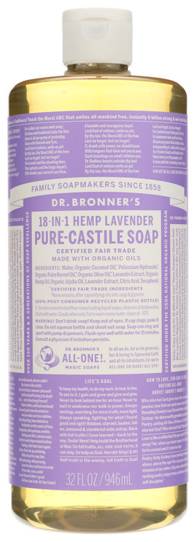 Dr. Bronner's, 18 In 1 Pure Castile Hemp Lavender Liquid Soap, 1 Each, 32 Fl Oz