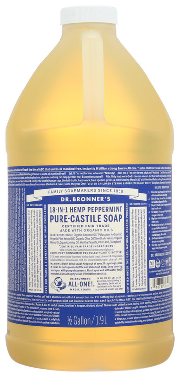 Dr. Bronner's, 18-in-1 Pure Castile Hemp Peppermint Soap Organic, 1 Each, 1/2 Gal