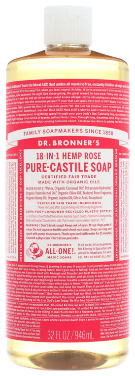 Dr. Bronner's, 18 In 1 Pure Castile Liquid Soap Hemp Rose, 1 Each, 32 Fl Oz