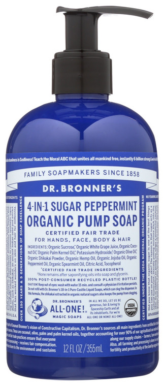 Dr. Bronner's, 4 In 1 Sugar Peppermint Pump Soap Organic, 1 Each, 12 Fl Oz