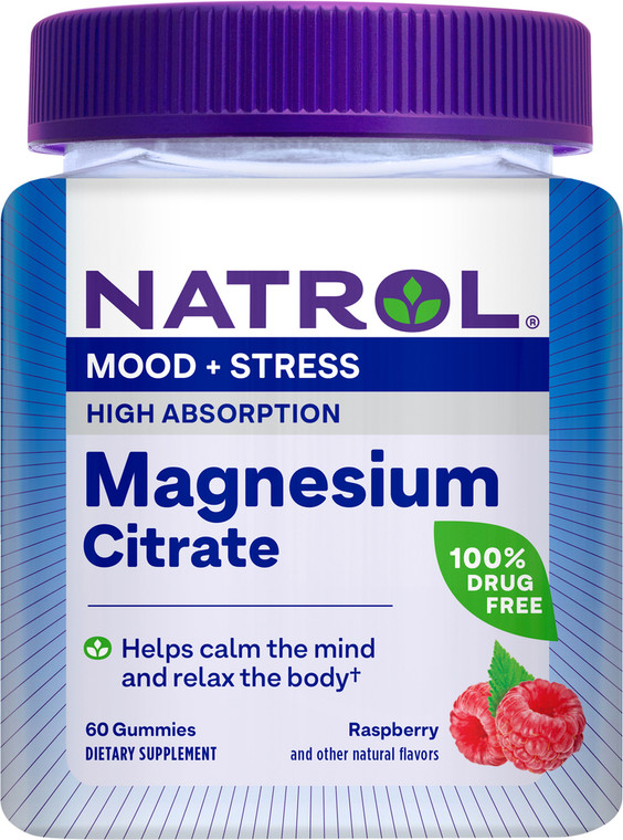 Natrol, Mood + Stress Magnesium Citrate Raspberry Gummies, 1 Each, 60 Ct