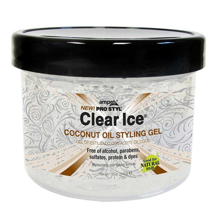 Ampro Clear Ice Coconut Oil Styling Gel, Moisturizing & Non-Flaking Formula, 12 Oz