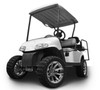 Front view of a Madjax MadJax Lift Kit (16-105) installed on a white EZGO RXV.