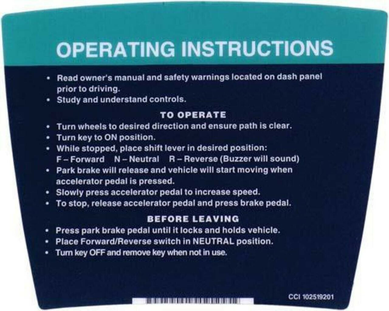 Club Car DS Operating Instructions Decal (Years 1992Up)