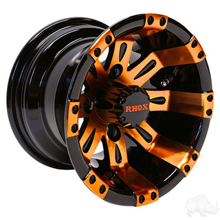 10” Golf Cart Wheel, Black/Orange Rim & Center Cap, 10x7 ET-25