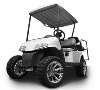 Front view of a Madjax MadJax Lift Kit (16-105) installed on a white EZGO RXV.