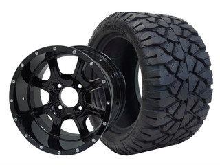 SGC 12″ Night Stalker Glossy Black Wheel – Aluminum Alloy / STEELENG 22″x10.5″-12″ STINGER All Terrain Tire DOT approved (SET of 4)