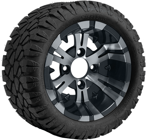 SGC 10″ Vampire Machined/Gunmetal Wheel – Aluminum Alloy / STEELENG 18″x9″-10″ STINGER All Terrain Tire DOT approved (SET of 4)