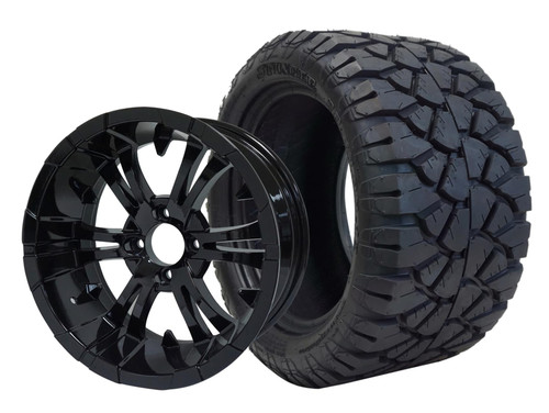 SGC 12″ Vampire Glossy Black Wheel – Aluminum Alloy / STEELENG 22″x10.5″-12″ STINGER All Terrain Tire DOT approved (SET of 4)