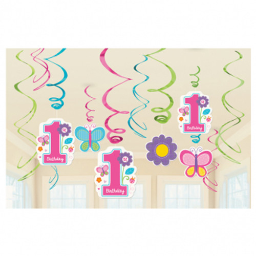 Sweet 1st Birthday Girl Hanging Swirls Pk12