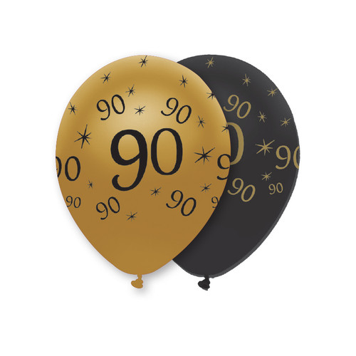 12in Latex Balloons Black Gold Age 90 Pk6