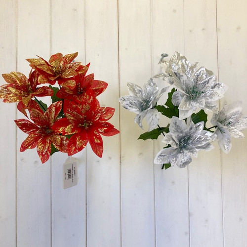 Poinsettia Bush With Glitter Red with Silver