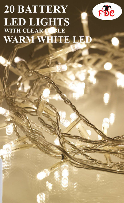 20 Battery LED Lights Warm White with Clear Cable