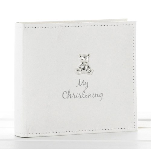 White Suede My Christening Album with Silver Teddy Motif