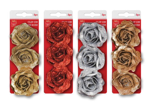 CLIP ON GLITTER ROSE 3pce 6cm Choice of 4 Colours