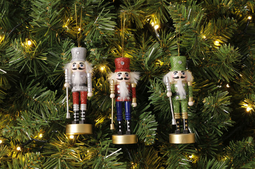 Nutcracker Glitter Hanging Decoration 12.5cm Silver Red or Green