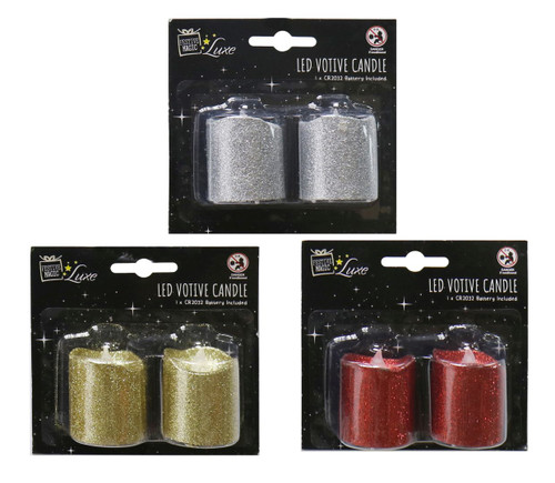 LED VOTIVE CANDLE 2pc GLITTER GOLD RED OR SILVER