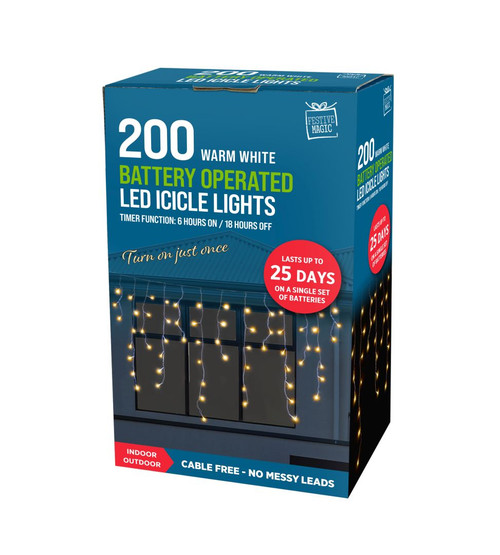 200 LED TIMER ICICLE LIGHTS BATTERY OPERATED WARM WHITE