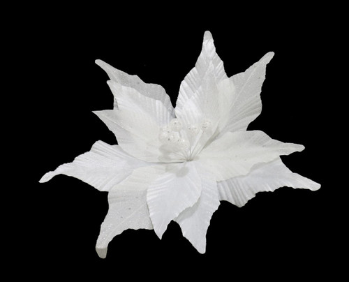 CLIP ON POINSETTIA 30cm VELVET GLITTER WHITE