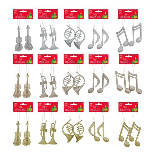 GLITTER HANGING MUSICAL ORNAMENTS 2 PACK Choose from 15 assorted styles