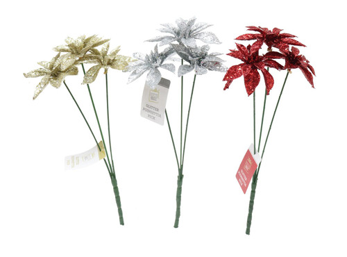 GLITTER POINSETTIA BUNCH 25cm 3 HEADS