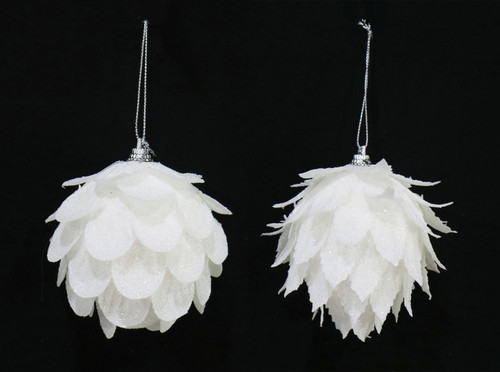 WHITE GLITTER ACORN BAUBLE 80mm CHOICE OF 2 STYLES